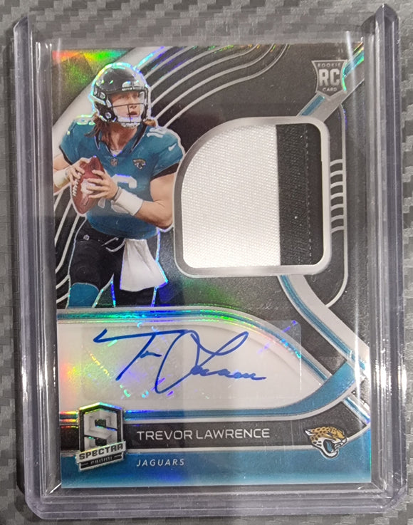Trevor Lawrence RC #/99 - 2021 Panini Spectra NFL Patch Autograph RPA Silver Prizm #201
