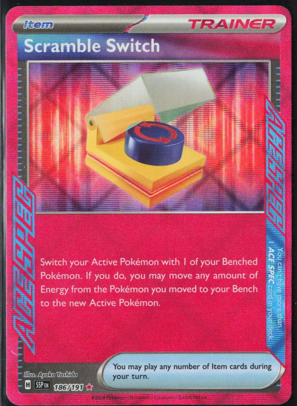 Scramble Switch - Pokemon Surging Sparks FULL ART Holo Pink ACE SPEC Rare #186/191