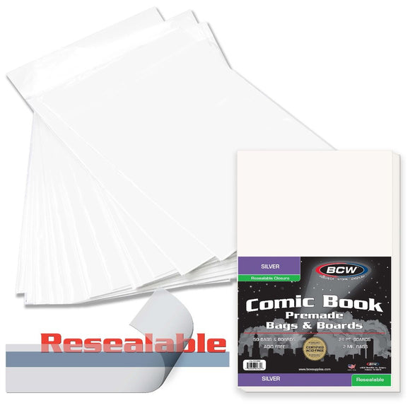 Pack of 50 BCW Premade Resealable Current Comic Bags and Backer Boards